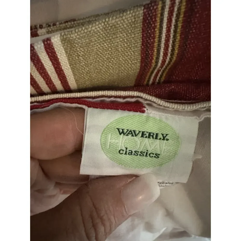 Waverly Yacht Club Crimson Red Tan Stripe Button Scallop Valances (2) 17 X 75 In